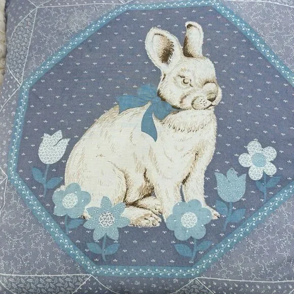 Vintage Ruffled Bunny Easter Pillow 12x12 Blue Cream Cottage Farmhouse Decor - Picture 2 of 8